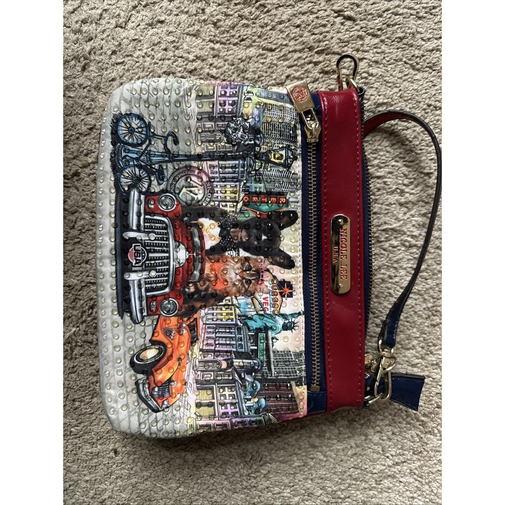 Nicole Lee Clutch Purse Bag Cat French Bulldog Vegas Beaded Sequin Wristlet